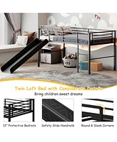 Gouun Twin Metal Loft Bed with Slide Safety Guardrails and Built-in Ladder