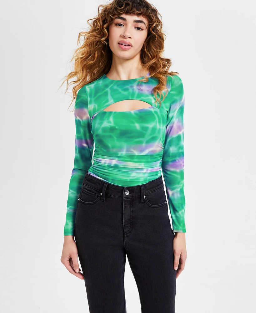 Bar Iii Women's Printed Crewneck Long-Sleeve Ruched Bodysuit, Exclusively at Macy's