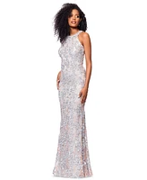 Xscape Petite High-Neck Sleeveless Lace Sheath Gown