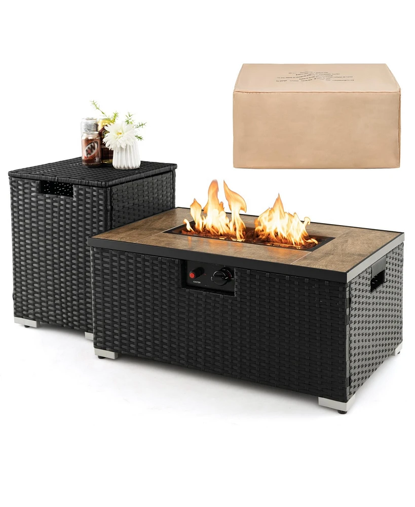 Gouun 32 x 20 Inch Propane Rattan Fire Pit Table Set with Side Table Tank and Cover