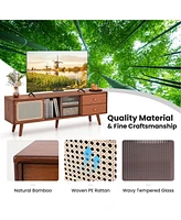 Costway Bamboo Tv Stand Console Table with Pe Rattan Door & 2 Drawers for up to 65"