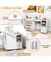 Costway Folding Sewing Table Charging Station Multifunctional Sewing Machine Cart Table