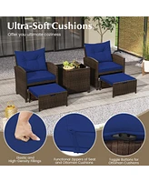 Gouun 5 Pieces Patio Rattan Furniture with 2 Ottomans and Tempered Glass Table