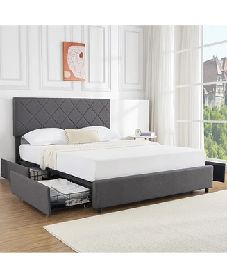 gaomon Bed Frame with Adjustable Velvet Headboard, Upholstered Bed Frame with 4 Storage Drawers, Noise-Free, No Box Spring Needed, Easy Assembly Full