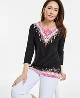 Jm Collection Women's Printed Jacquard 3/4-Sleeve Top, Exclusively at Macy's