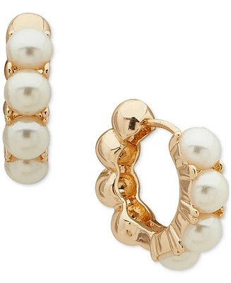 Anne Klein Gold-Tone Imitation Pearl & Polished Bead Small Huggie Hoop Earrings, 0.45"