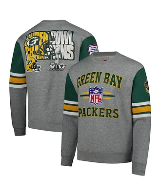 Mitchell & Ness Men's Heather Gray Green Bay Packers All Over 4.0 Vintage Logo Pullover Sweatshirt