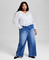 And Now This Plus Dot-Print Ruffled-Front Woven Pintuck Top, Exclusively at Macy's