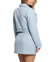 Guess Womens Daphnee Cropped Long Sleeve Tweed Jacket Flap Pockets Mini Tweed Skirt