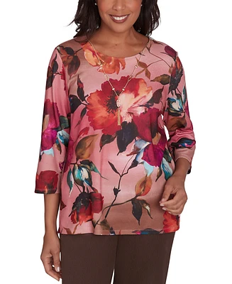 Alfred Dunner Petite Wine Country Dramatic Floral Crewneck Necklace Top