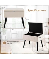 Costway 2 Pcs Velvet Vanity Stool Ottoman with Storage Solid Wood Legs Flip-Up Top