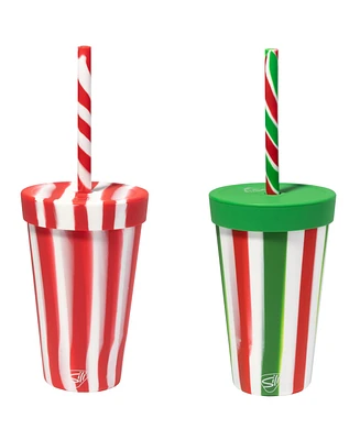 Straw Tumbler 16oz: 2 pk - Peppermint & Poinsettia