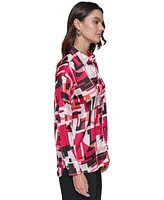 Karl Lagerfeld Paris Women's Satin Printed Oversized Button-Front Top