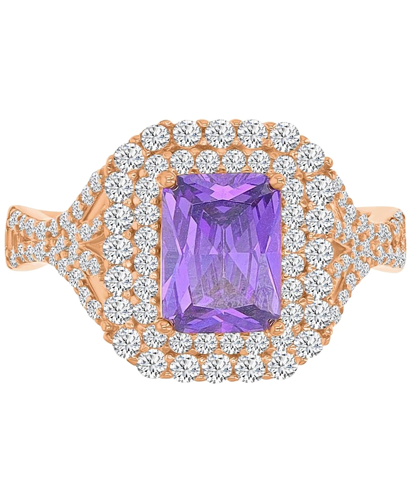 Purple & White Cubic Zirconia Double Halo Statement Ring 14k Rose Gold-Plated Sterling Silver