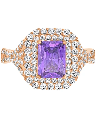 Purple & White Cubic Zirconia Double Halo Statement Ring 14k Rose Gold-Plated Sterling Silver