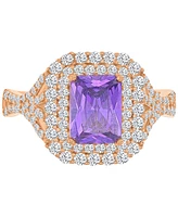 Purple & White Cubic Zirconia Double Halo Statement Ring 14k Rose Gold-Plated Sterling Silver