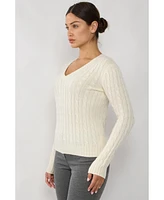 Jennie Liu Women's 100% Cashmere V-Neck Sweater | Chuncky Cable-knit Sweaters