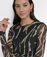 Dkny Petite Printed Mesh Long-Sleeve Top