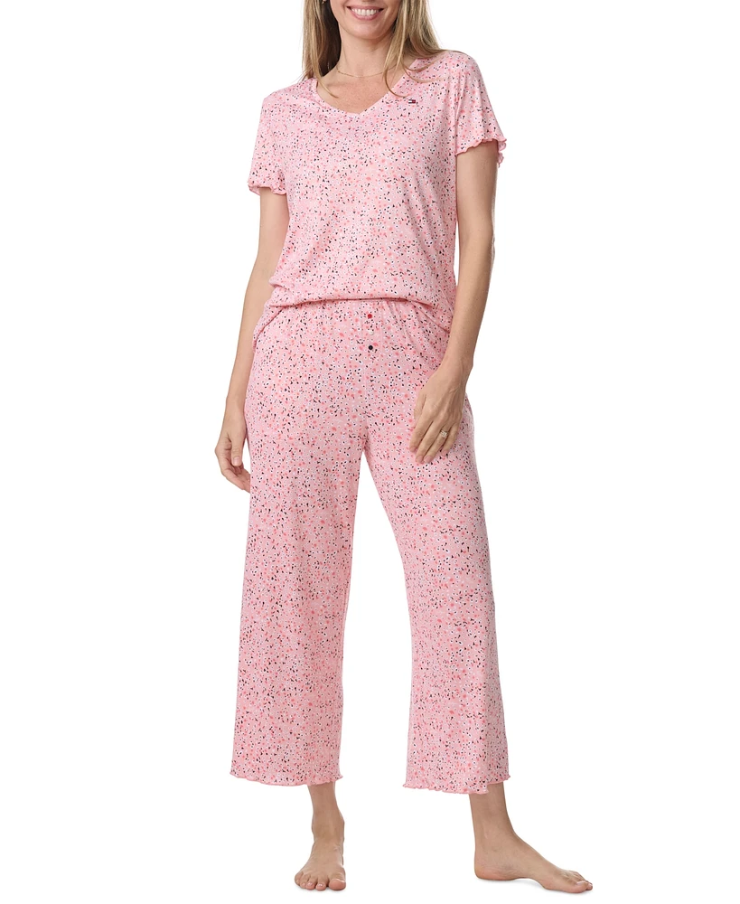 Tommy Hilfiger Women's 2-Pc. Short-Sleeve T-Shirt & Wide-Leg Cropped Pants Pajama Set