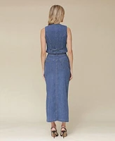 Avec Les Filles Womens Tailored Fitted Button Front Vest Denim Front Slit Maxi Skirt