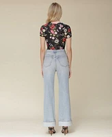 Avec Les Filles Womens Floral Print Fitted T Shirt Cuffed High Rise Wide Leg Jeans