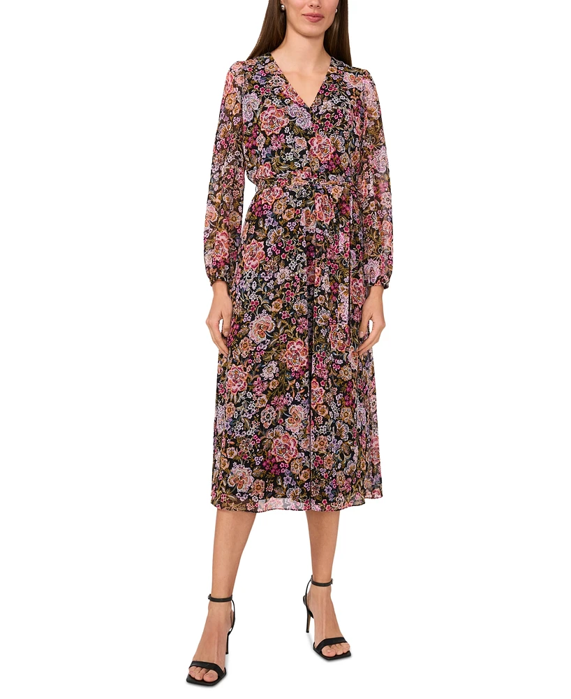 Msk Petite Floral-Print Faux-Wrap Blouson-Sleeve Dress