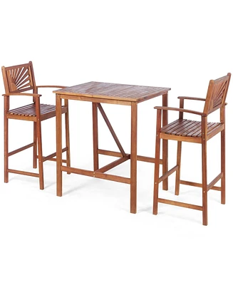 Gouun 3 Pieces Acacia Wood Patio Bar Set with Sunflower Patterned Backrest