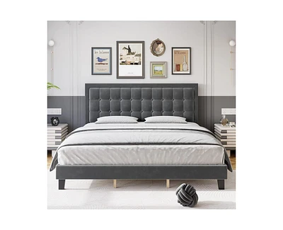 gaomon Full Size Button Tufted Platform Bed Frame, Velvet Upholstered Bed Frame with Adjustable Headboard, Wood Slat Support, No Box Spring Needed