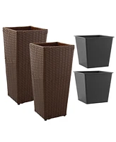 Casafield All-Weather Outdoor Planters with Liners - Set of 2, Tall Tapered Plant Boxes with Flower Pots for Front Porch, Patio, Garden