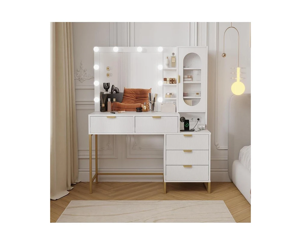 gaomon Modern Vanity Makeup Desk with Vanity Mirror, Built-in Lights, 5 Drawers, Power Outlet, Makeup Desk for Bedroom