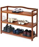 Gouun 3-Tier Acacia Wood Shoe Rack with Side Metal Hooks