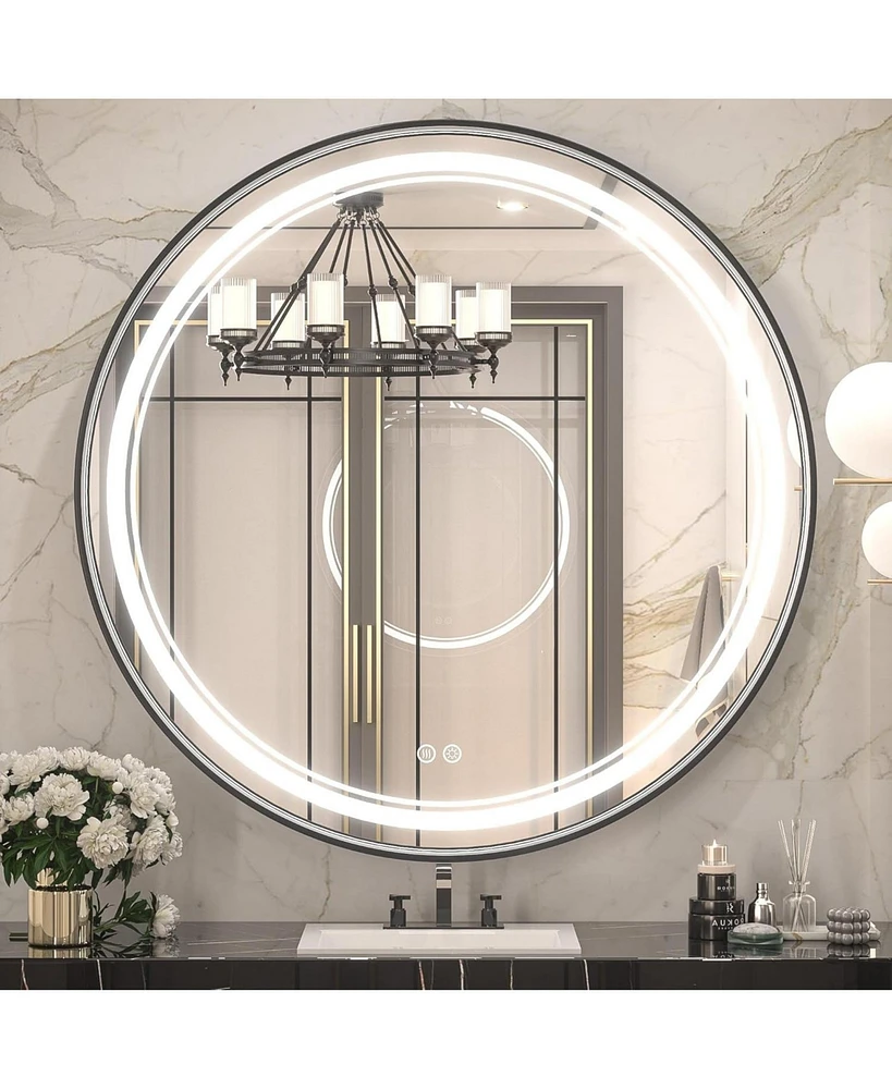 keonjinn Round Vanity Mirror Led Lighted Metal Wall Dimmable Bathroom