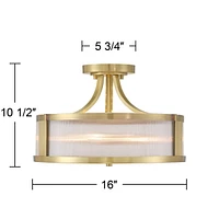 Possini Euro Design Randall 16" Modern Semi Flush-Mount Ceiling Light Fixture Kitchen Foyer Hallway Drum Round Brass Finish Glass Bedroom Bathroom Ent