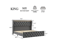 gaomon King Led Platform Bed Frame with Charging Station, Velvet Upholstered Bed Frame with Button Wingback Headboard, Metal Frame with No Box Spring