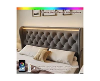gaomon King Led Platform Bed Frame with Charging Station, Velvet Upholstered Bed Frame with Button Wingback Headboard, Metal Frame with No Box Spring