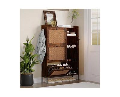 gaomon Shoe Cabinet, Free Standing Shoe Storage Cabinet with 3 Flip Drawers and Adjustable Side Cabinet, Rattan Wooden Shoe Rack