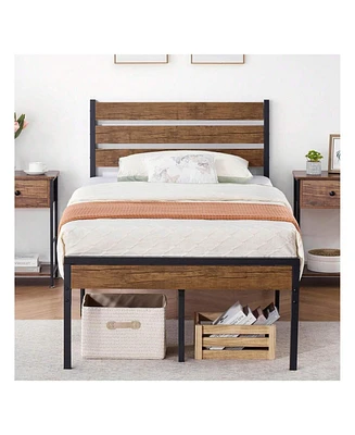 gaomon Twin/Full/Queen Size Bed Frame With Rustic Vintage Wood Headboard, Mattress Foundation, Strong Wood Slats Platform Support, Under Bed Storage,