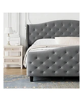 gaomon Queen/King Velvet Bed Frame With Headboard And Footboard, Tufted Wingback Headboard, Upholstered Platform Bed, Strong Wooden Slats, No Box