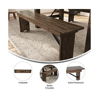 Merrick Lane Tinsley 60" X 12" Solid Pine Folding Farmhouse Style Bench, Rustic Pinewood Folding Dining Bench With Locking Legs
