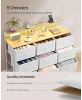 Slickblue Dresser for Bedroom with 9 Fabric Drawers, Led Lights, and Built-In Charging Station