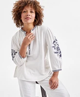 Style & Co Women's Cotton Gauze Embroidered Popover Top, Exclusively at Macy's