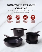 Alva Neat 5-in-1 Ceramic Nonstick Cookware Nesting Set, Recycled Aluminum Non-Toxic Pfas, Pfoa & Ptfe Free, Frying Pan, Set Compatible with A