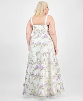 Say Yes Trendy Plus Floral Print Applique Gown, Created for Macy's