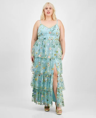 City Studios Trendy Plus Floral Embroidered Tiered Sleeveless Gown, Created for Macy's