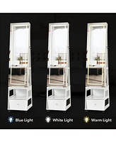 gaomon 360° Swivel Jewelry Armoire with Full Length Mirror, Led Vanity Mirror with Jewelry Storage Drawer, Shelf, Wheels, Freestanding Lockable J