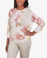 Alfred Dunner Women's Coming Up Roses Crew Neck Floral Long Sleeve Sweater