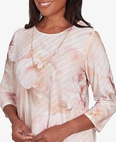 Alfred Dunner Women's Coming Up Roses Textured Watercolor Flower Top with Necklace