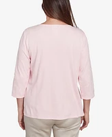 Alfred Dunner Women's Coming Up Roses Asymmetric Floral Embroidered Crew Neck Top