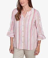 Alfred Dunner Women's Coming Up Roses Striped Button Down Embroidered Sleeve Top