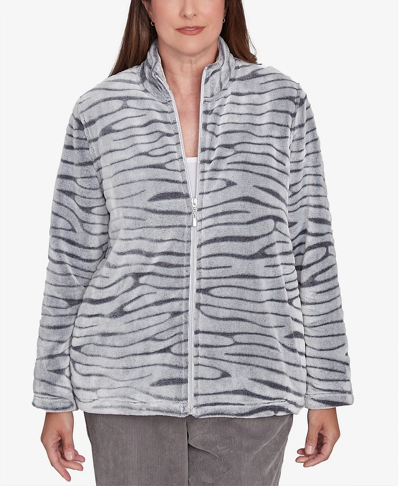 Alfred Dunner Women's Copenhagen Fuzzy Sculpted Zebra Animal Jacket